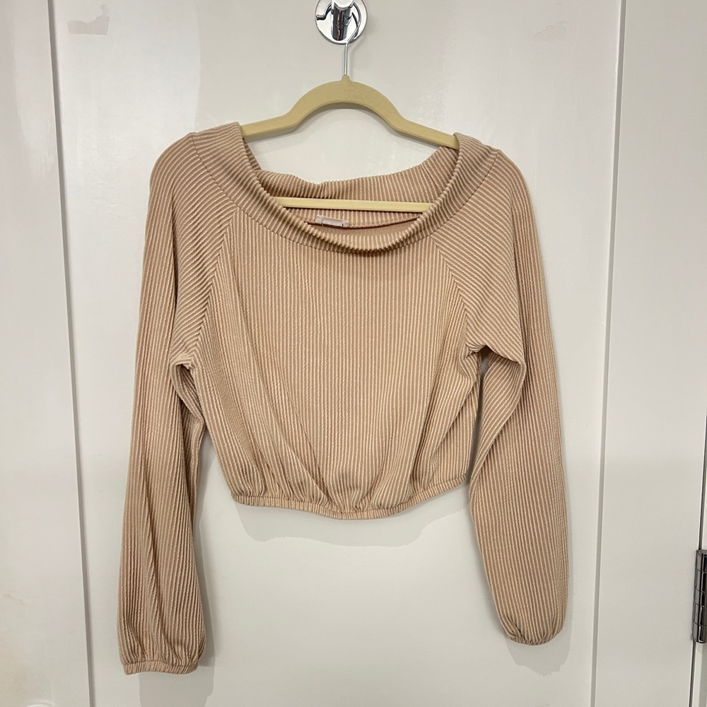 Vici Beige Ribbed Long Sleeve Blouse - soft material